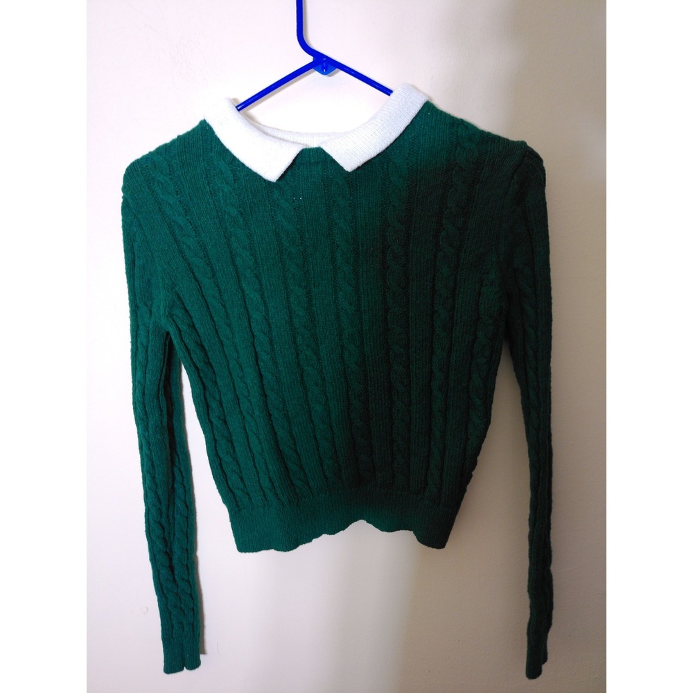 Crave Fame Sweater Womens Small Green White Vtg Inspo Cable Knit Polo Academia